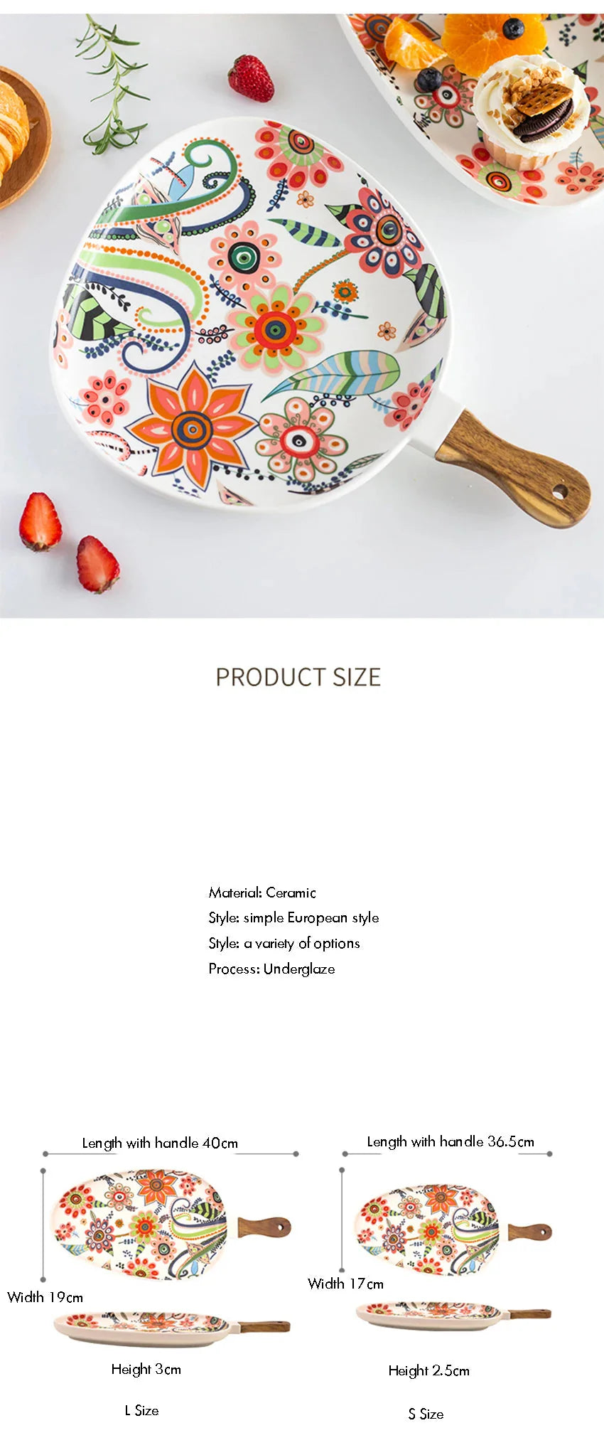 Ceramic Salad Plates with Handle,Porcelain Dinner Plates,Colorful Floral Pattern Serving Plate for Desserts Sandwiches Dishes 접시