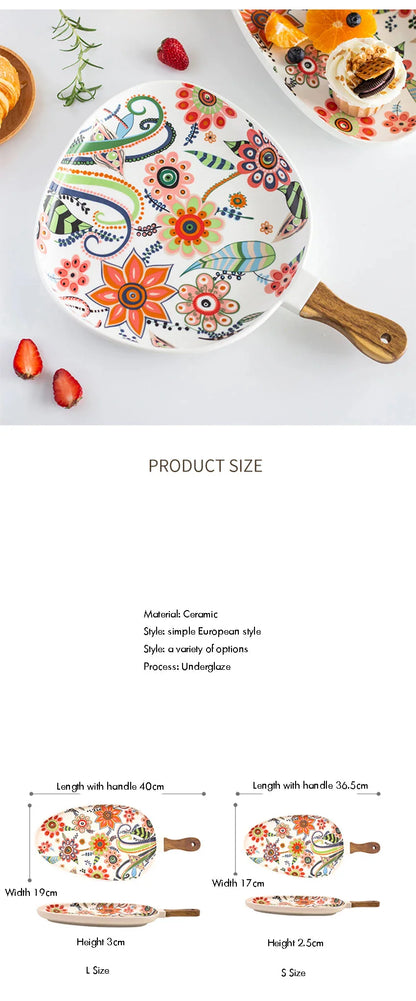 Ceramic Salad Plates with Handle,Porcelain Dinner Plates,Colorful Floral Pattern Serving Plate for Desserts Sandwiches Dishes 접시