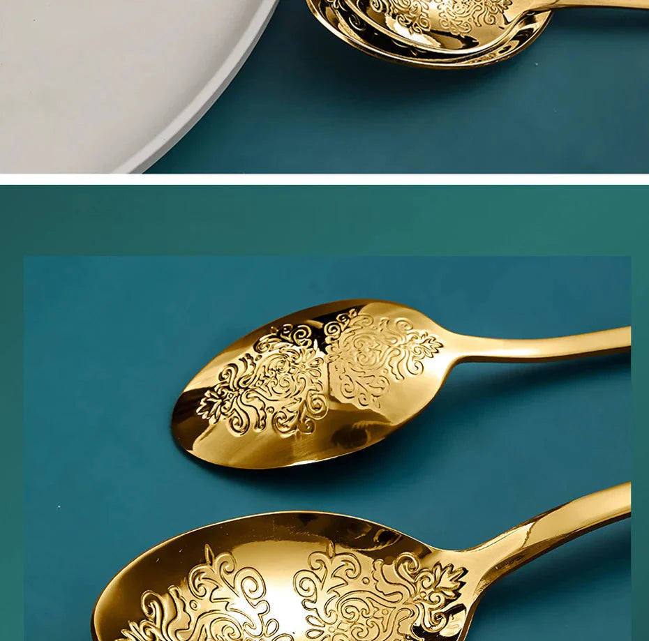 16/24Pcs Silverware Set,304 Stainless Steel Gold Cutlery Kit Mirror Polished Flatware Sets Vintage Carved Utensils Set Tableware