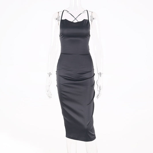 neon satin lace up 2022 summer women bodycon long midi dress sleeveless backless elegant party