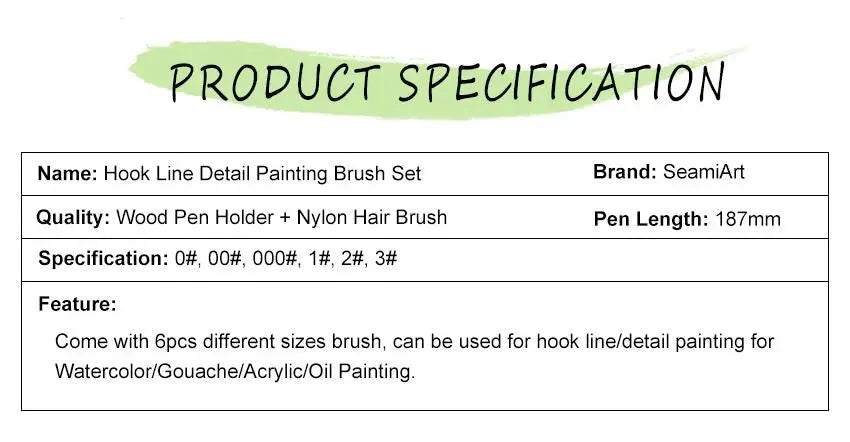 SeamiArt 6Pcs Fine Hook Line Pen Different Size 000 00 0 1 2 3 Paint Brush Artist Gouche Watercolor Acrylic Painting Supplies