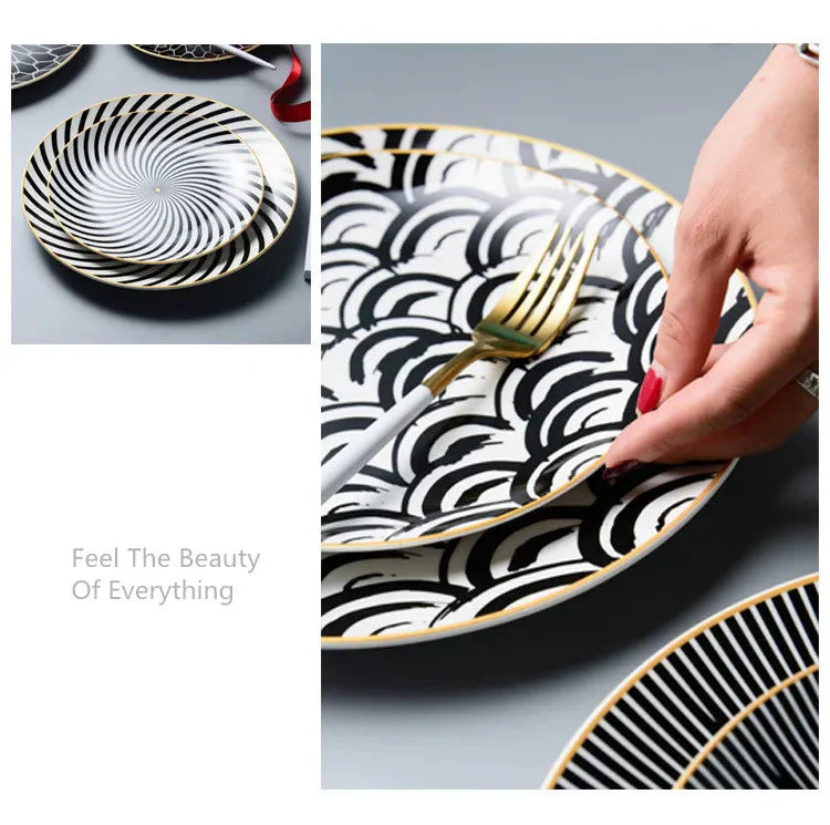 Geometric Design Gold Plating Meal Plate Porcelain Kitchen Dinner Plates Ceramics Food Tray Salad Dish 6/8/10 Inch 1Pcs