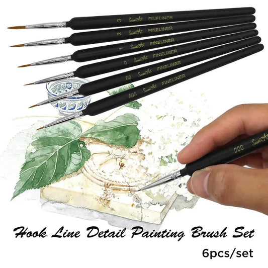 SeamiArt 6Pcs Fine Hook Line Pen Different Size 000 00 0 1 2 3 Paint Brush Artist Gouche Watercolor Acrylic Painting Supplies