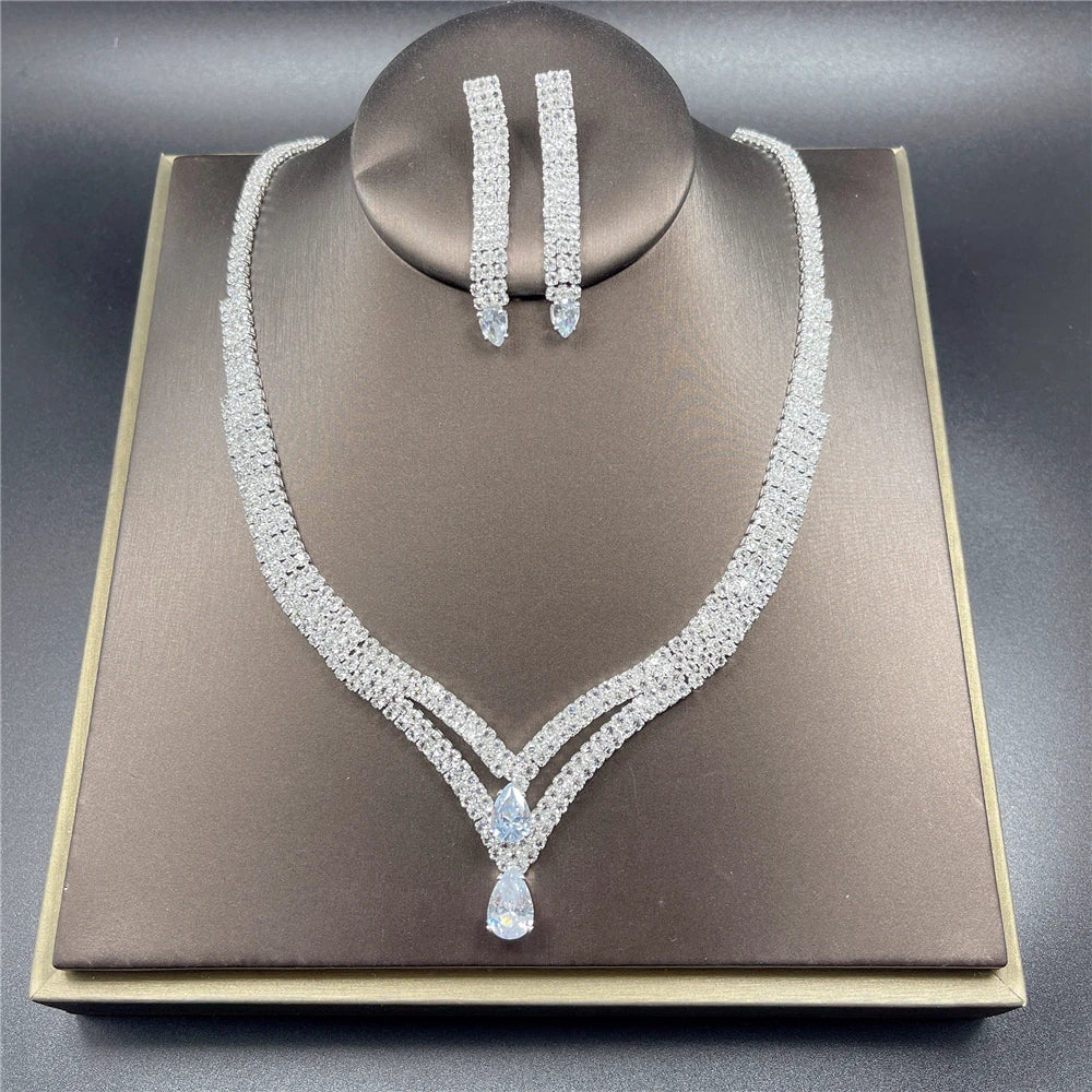 Fashion Crystal Bridal Jewelry Sets Silver Color Geometric Choker Necklace Earrings Bracelet Ring Four-piece Wedding Jewelry Set