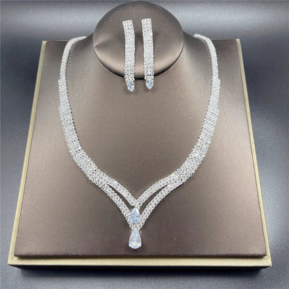 Fashion Crystal Bridal Jewelry Sets Silver Color Geometric Choker Necklace Earrings Bracelet Ring Four-piece Wedding Jewelry Set