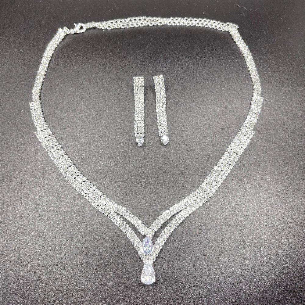 Fashion Crystal Bridal Jewelry Sets Silver Color Geometric Choker Necklace Earrings Bracelet Ring Four-piece Wedding Jewelry Set
