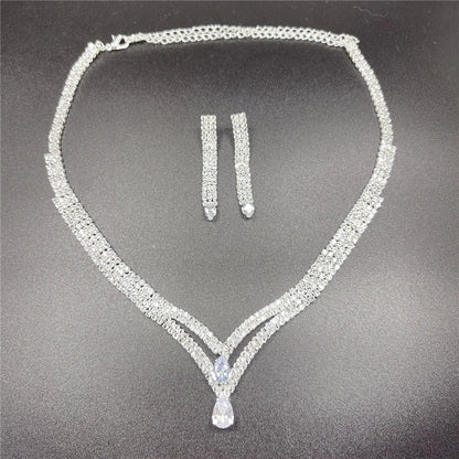 Fashion Crystal Bridal Jewelry Sets Silver Color Geometric Choker Necklace Earrings Bracelet Ring Four-piece Wedding Jewelry Set