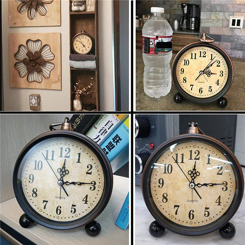 Vintage Hangable Battery Alarm Clock Metal Night Light Super Silent Table Desk Quartz Clock Time For Bedroom Bedside Desk Shelf