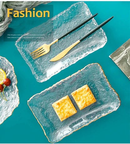 Japanese Hammer Glass Dinner Plate Platter Creative Fruit Salad Sushi Long Serving Plate Square Plate Tableware Dessert Plate
