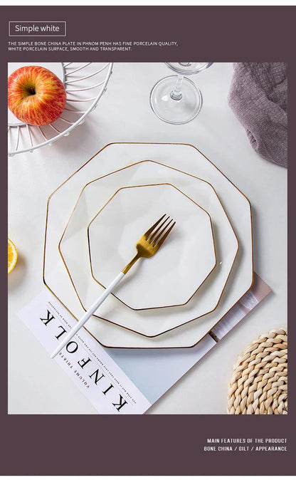 Phnom Penh Creative Octagonal Steak Flat Plate Light Luxury Bone China Tableware Western Dinner Plate Household Dinner Plates
