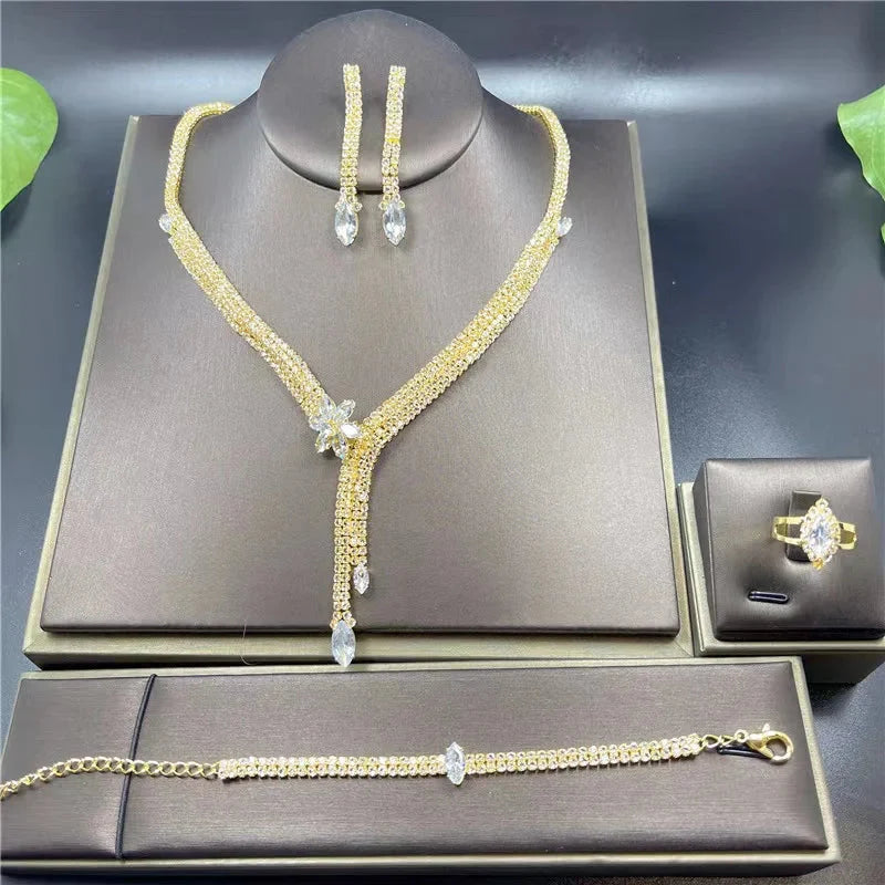 Fashion Crystal Bridal Jewelry Sets Silver Color Geometric Choker Necklace Earrings Bracelet Ring Four-piece Wedding Jewelry Set