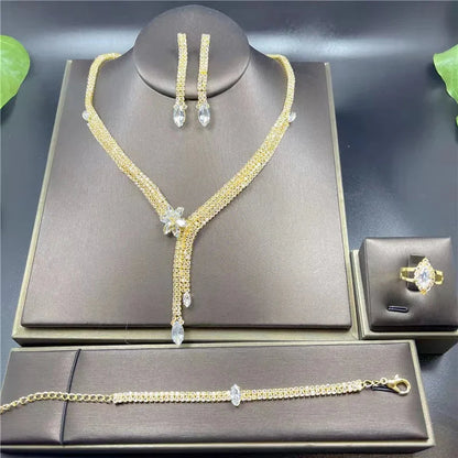 Fashion Crystal Bridal Jewelry Sets Silver Color Geometric Choker Necklace Earrings Bracelet Ring Four-piece Wedding Jewelry Set