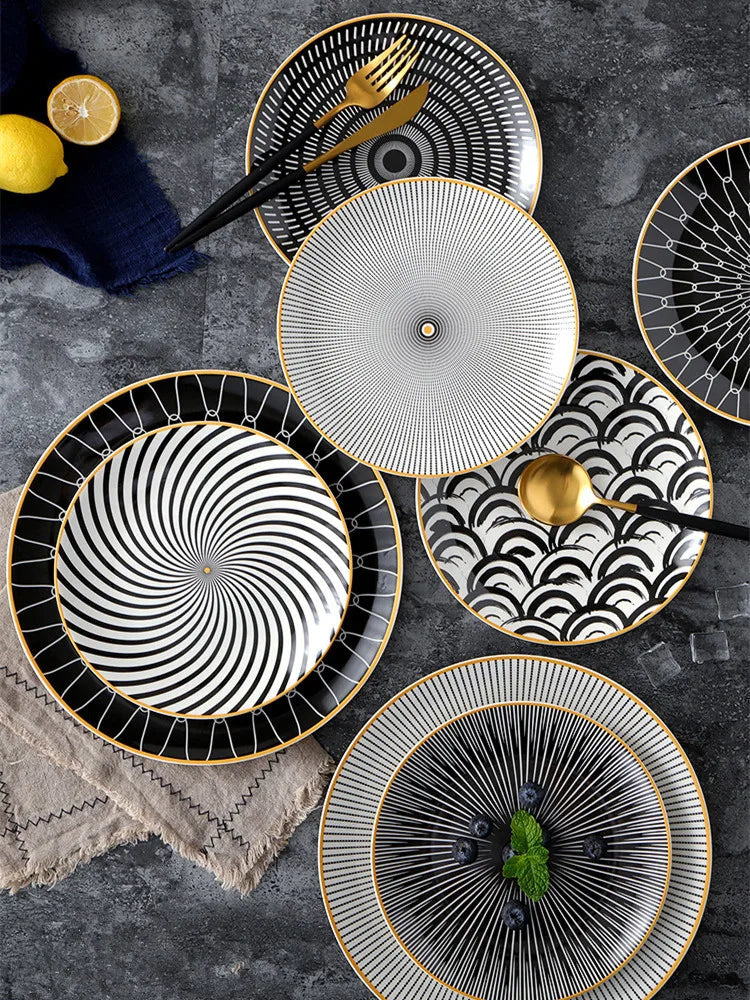 Geometric Design Gold Plating Meal Plate Porcelain Kitchen Dinner Plates Ceramics Food Tray Salad Dish 6/8/10 Inch 1Pcs