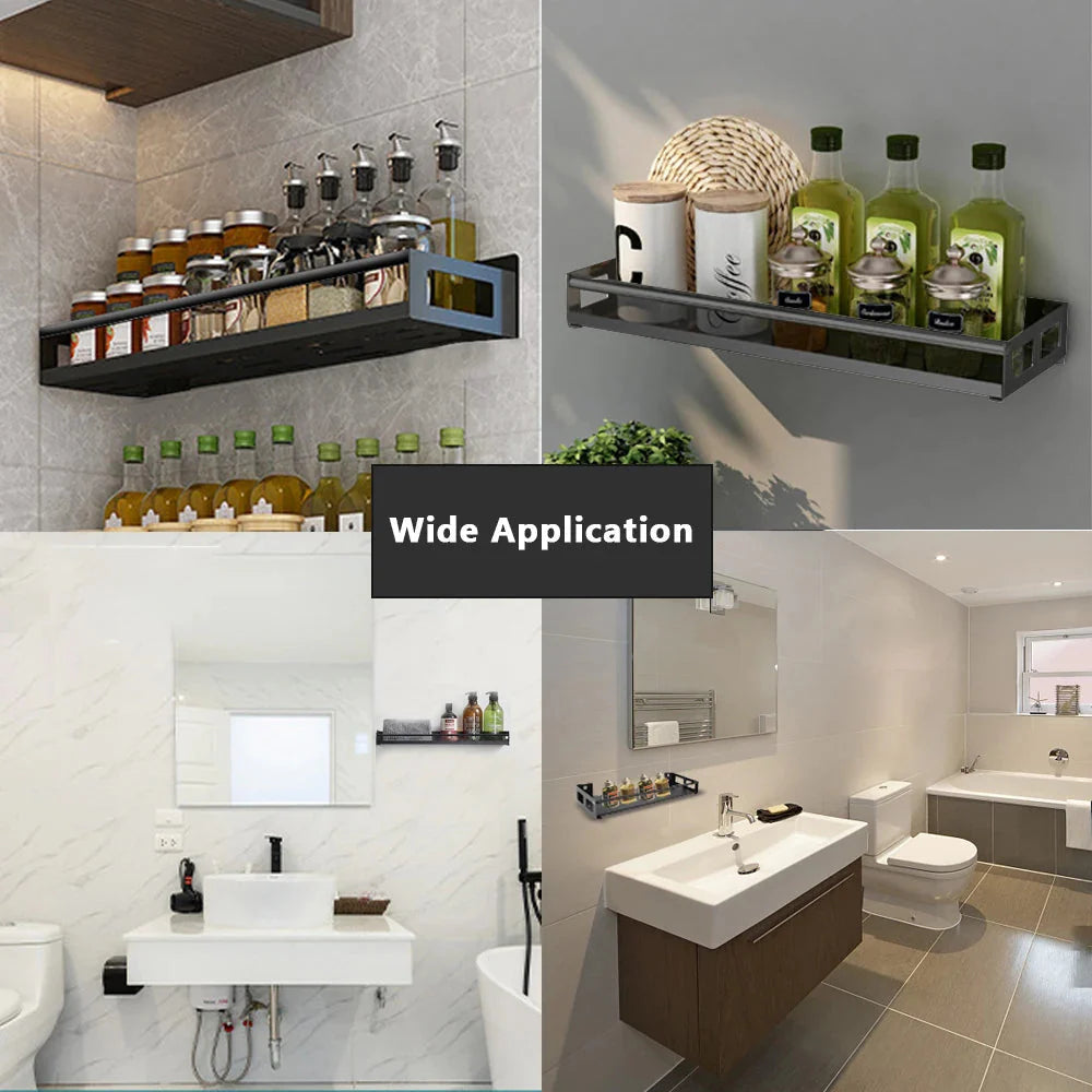 Bathroom Shelves  30-60cm Aluminum Alloy Matte Black Kitchen Wall Shelf Shower Shampoo Storage Rack Bathroom Accessories