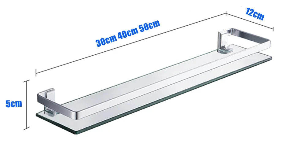 Tempered Glass Bathroom Shelf Aluminum Storage Rack Rectangular 30 40 50cm 1 Tier Silver Sand Sprayed Wall Mounted