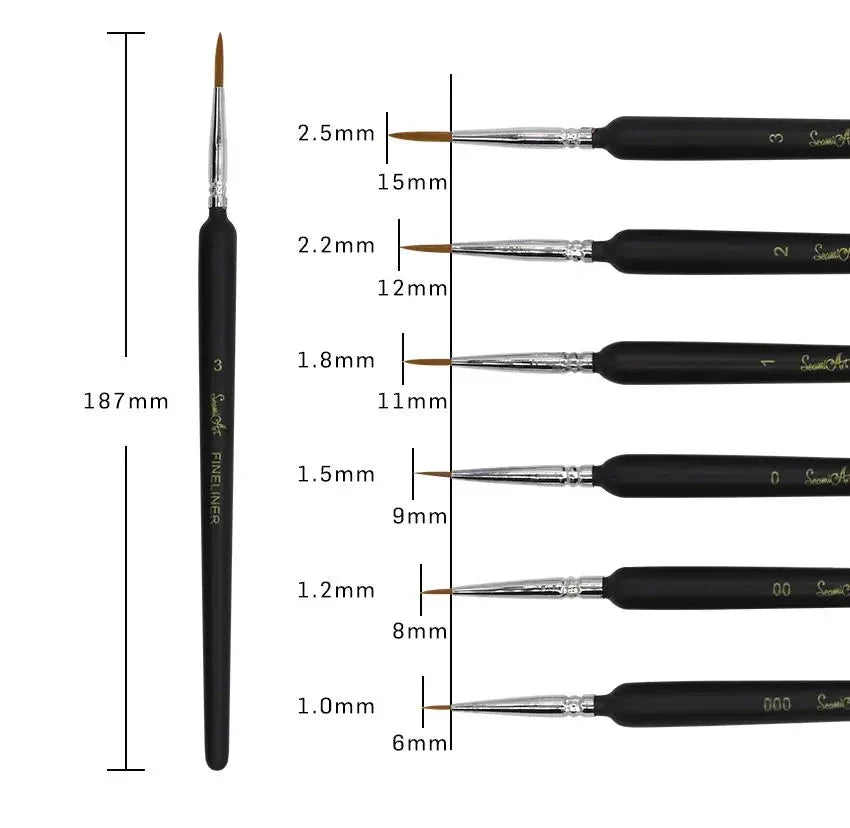 SeamiArt 6Pcs Fine Hook Line Pen Different Size 000 00 0 1 2 3 Paint Brush Artist Gouche Watercolor Acrylic Painting Supplies