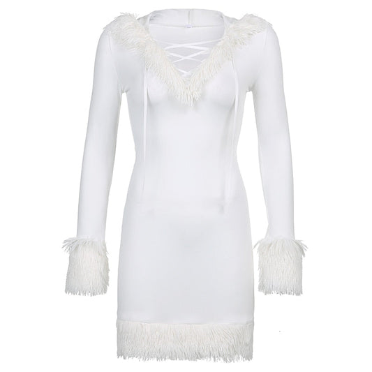 Furry White Bodycon Mini Dresses Women Autumn Long Sleeve Hooded V Neck Dress