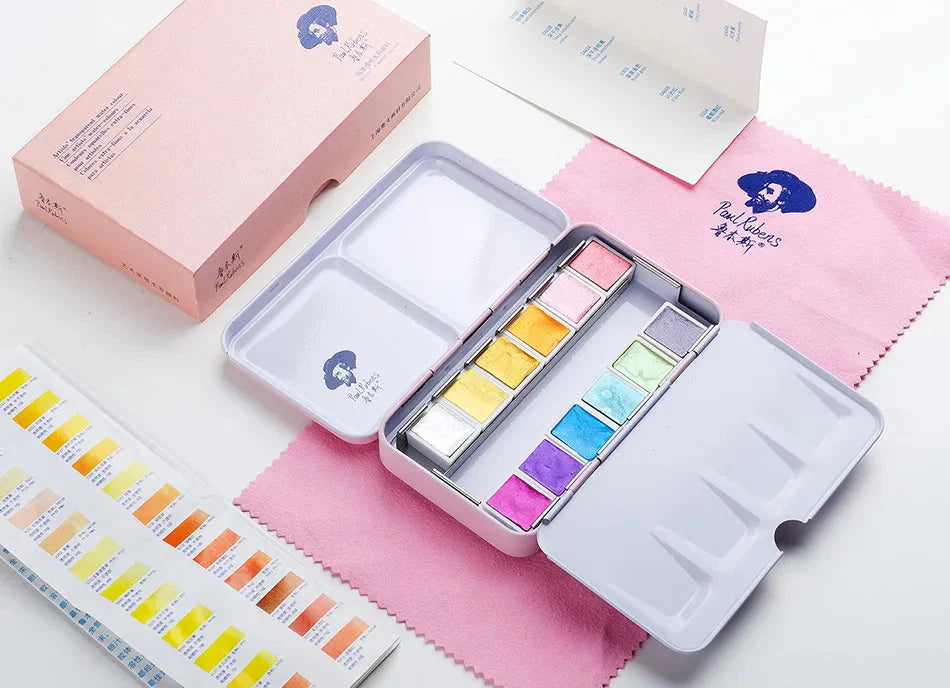 Original Paul Rubens 12/24/48 Pearlescent Watercolor Paint Set Portable Pink Box with Palette Flash Watercolor Paint