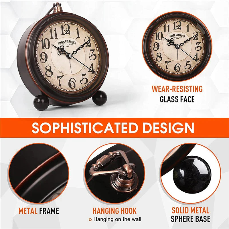Vintage Hangable Battery Alarm Clock Metal Night Light Super Silent Table Desk Quartz Clock Time For Bedroom Bedside Desk Shelf