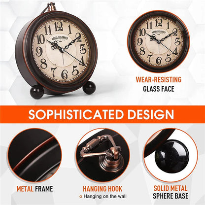 Vintage Hangable Battery Alarm Clock Metal Night Light Super Silent Table Desk Quartz Clock Time For Bedroom Bedside Desk Shelf