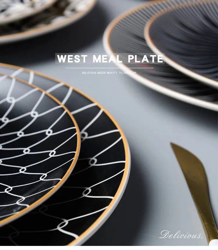 Geometric Design Gold Plating Meal Plate Porcelain Kitchen Dinner Plates Ceramics Food Tray Salad Dish 6/8/10 Inch 1Pcs