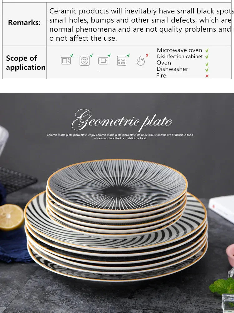 Geometric Design Gold Plating Meal Plate Porcelain Kitchen Dinner Plates Ceramics Food Tray Salad Dish 6/8/10 Inch 1Pcs