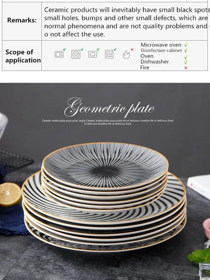 Geometric Design Gold Plating Meal Plate Porcelain Kitchen Dinner Plates Ceramics Food Tray Salad Dish 6/8/10 Inch 1Pcs
