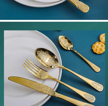 16/24Pcs Silverware Set,304 Stainless Steel Gold Cutlery Kit Mirror Polished Flatware Sets Vintage Carved Utensils Set Tableware