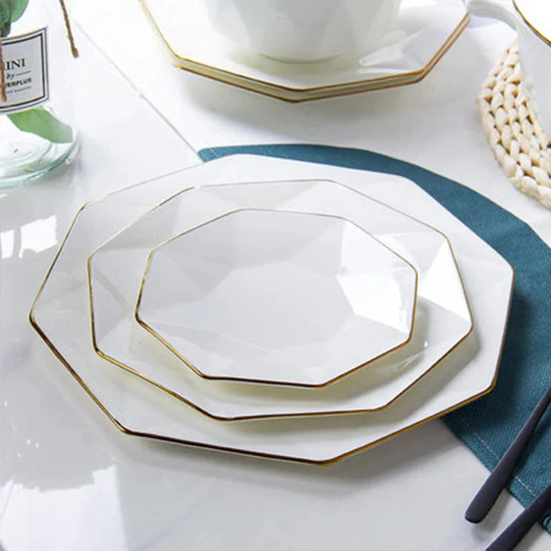 Phnom Penh Creative Octagonal Steak Flat Plate Light Luxury Bone China Tableware Western Dinner Plate Household Dinner Plates