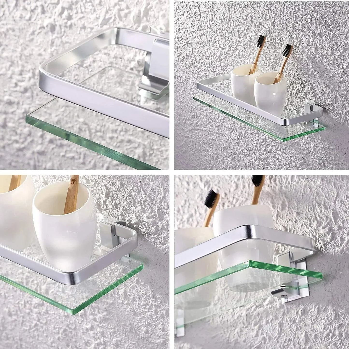 Tempered Glass Bathroom Shelf Aluminum Storage Rack Rectangular 30 40 50cm 1 Tier Silver Sand Sprayed Wall Mounted