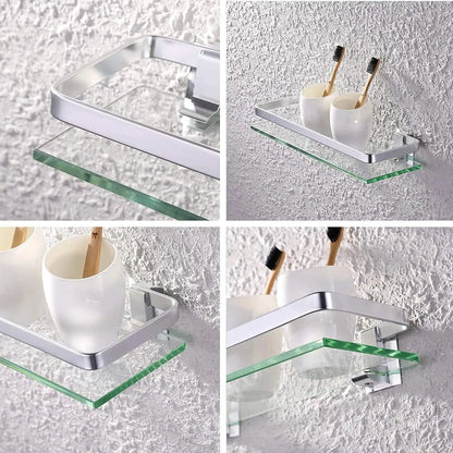 Tempered Glass Bathroom Shelf Aluminum Storage Rack Rectangular 30 40 50cm 1 Tier Silver Sand Sprayed Wall Mounted