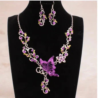 Wedding Jewelry Set Bride Rhinestone Jewelry Set Silver Plated Butterfly Choker Necklace Earrings Set Jewelry For Women Girls