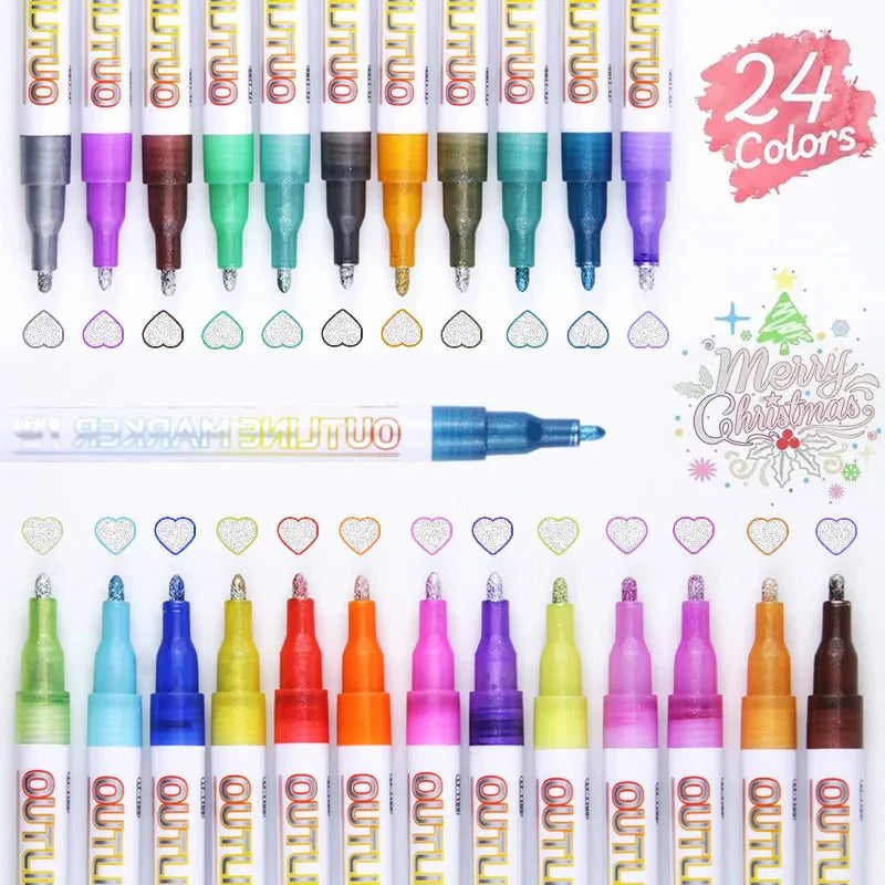 Customized Non-Toxic Glitter Outline Markers Double Colors Set Packaging
