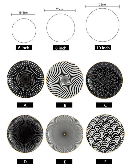 Geometric Design Gold Plating Meal Plate Porcelain Kitchen Dinner Plates Ceramics Food Tray Salad Dish 6/8/10 Inch 1Pcs