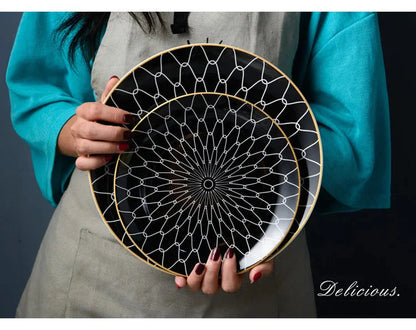 Geometric Design Gold Plating Meal Plate Porcelain Kitchen Dinner Plates Ceramics Food Tray Salad Dish 6/8/10 Inch 1Pcs
