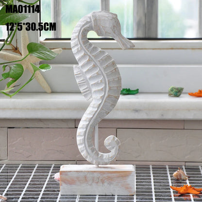 Mediterranean Style Wood Crafts Starfish Conch Hippocampus Wood Carving Marine Garden Decoration Ornaments Home Decoration