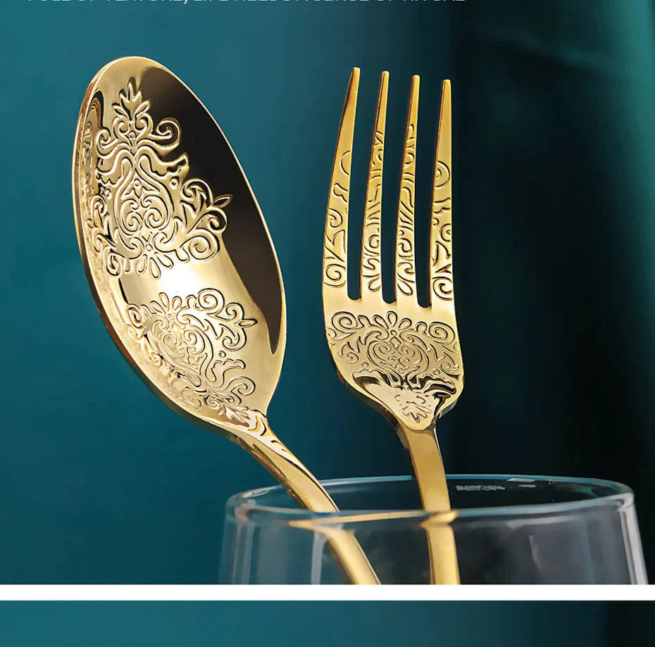 16/24Pcs Silverware Set,304 Stainless Steel Gold Cutlery Kit Mirror Polished Flatware Sets Vintage Carved Utensils Set Tableware