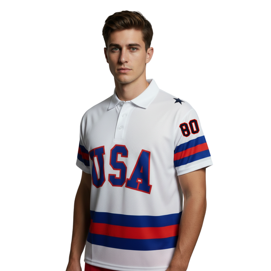 USA Hockey Officially Licensed Miracle on Ice 1980 Team Jersey White Polo-Adult