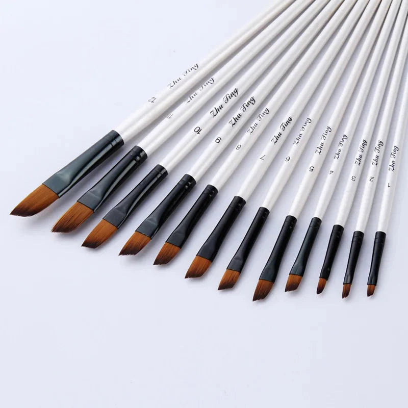 12 Pcs/set Nylon Hair Wooden Handle Watercolor Paint Brush Pen Set Learning DIY Oil Acrylic Painting Art Paint Brushes Supplies