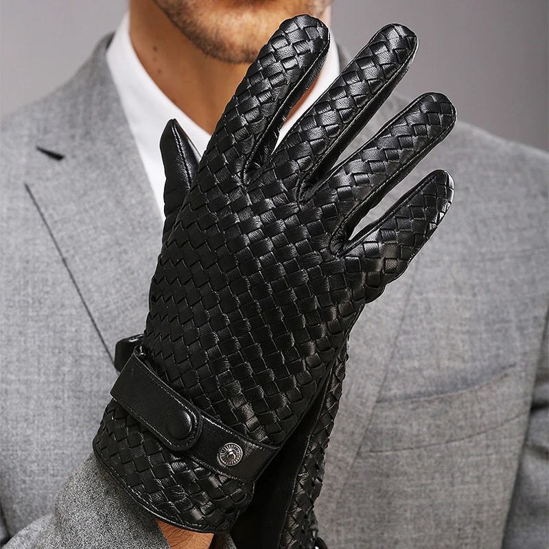 RY025NN 2025 New Spring/Winter Male Real Leather Short Gloves Man Suede Knitted Black/Brown Lambskin Cold Proof Mittens Mex Luva