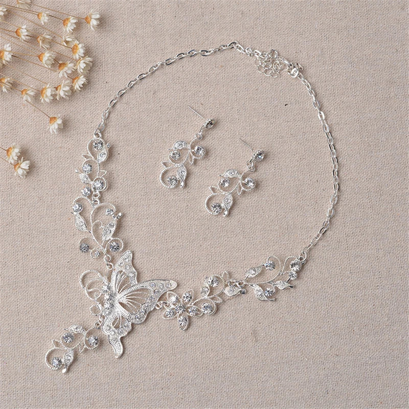 Wedding Jewelry Set Bride Rhinestone Jewelry Set Silver Plated Butterfly Choker Necklace Earrings Set Jewelry For Women Girls