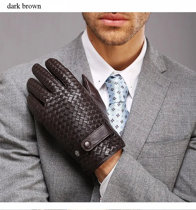 RY025NN 2025 New Spring/Winter Male Real Leather Short Gloves Man Suede Knitted Black/Brown Lambskin Cold Proof Mittens Mex Luva