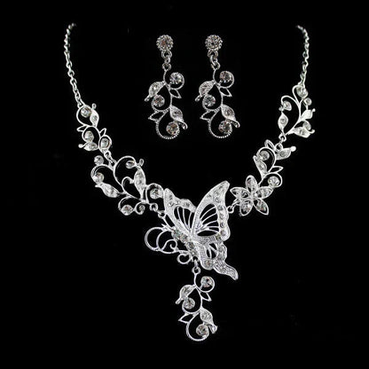 Wedding Jewelry Set Bride Rhinestone Jewelry Set Silver Plated Butterfly Choker Necklace Earrings Set Jewelry For Women Girls