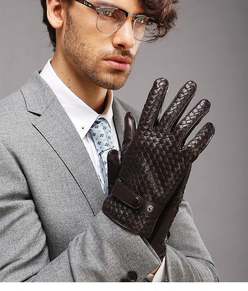 RY025NN 2025 New Spring/Winter Male Real Leather Short Gloves Man Suede Knitted Black/Brown Lambskin Cold Proof Mittens Mex Luva