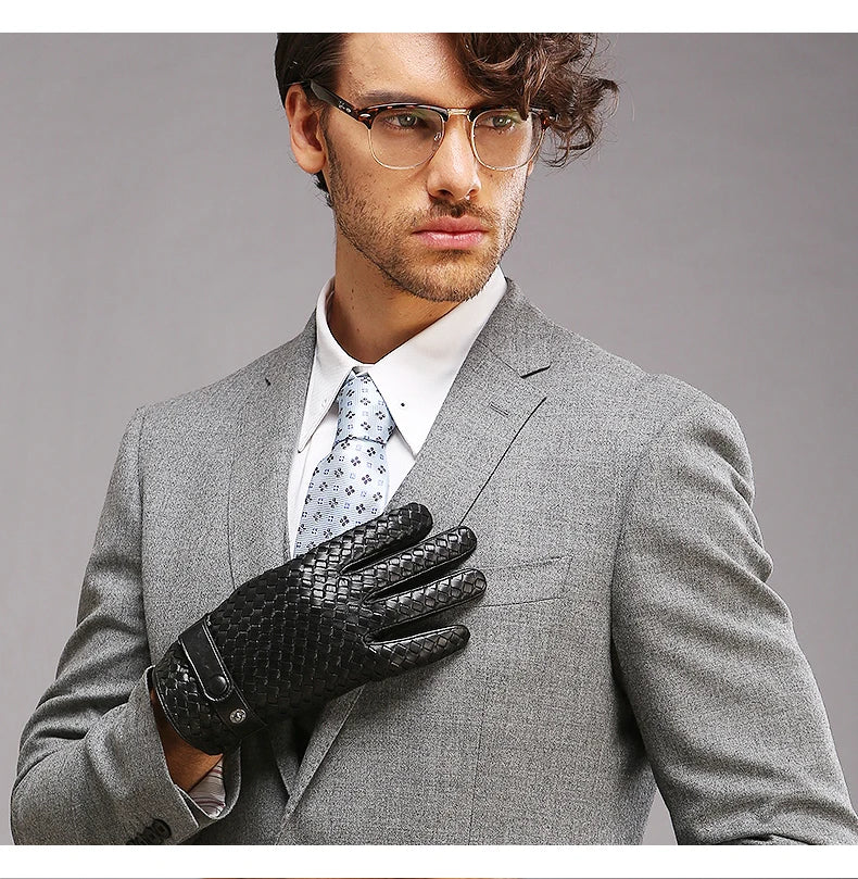 RY025NN 2025 New Spring/Winter Male Real Leather Short Gloves Man Suede Knitted Black/Brown Lambskin Cold Proof Mittens Mex Luva