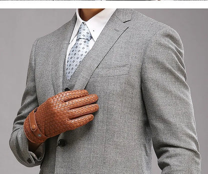 RY025NN 2025 New Spring/Winter Male Real Leather Short Gloves Man Suede Knitted Black/Brown Lambskin Cold Proof Mittens Mex Luva