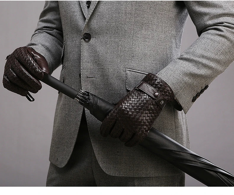 RY025NN 2025 New Spring/Winter Male Real Leather Short Gloves Man Suede Knitted Black/Brown Lambskin Cold Proof Mittens Mex Luva
