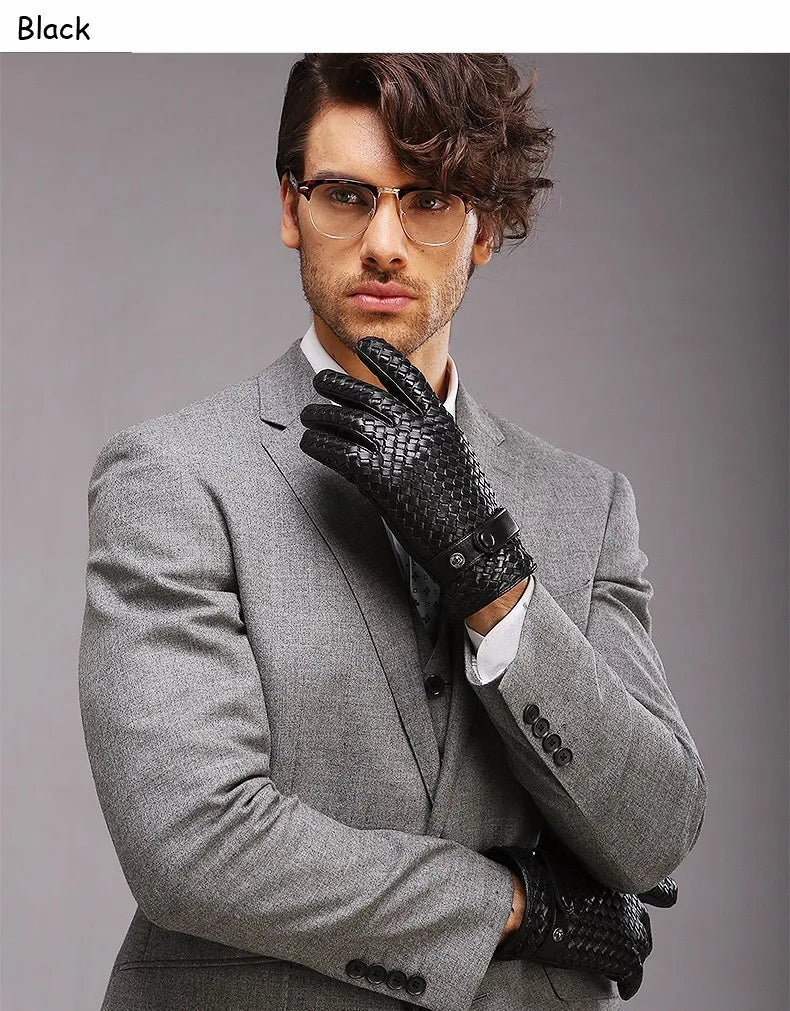 RY025NN 2025 New Spring/Winter Male Real Leather Short Gloves Man Suede Knitted Black/Brown Lambskin Cold Proof Mittens Mex Luva