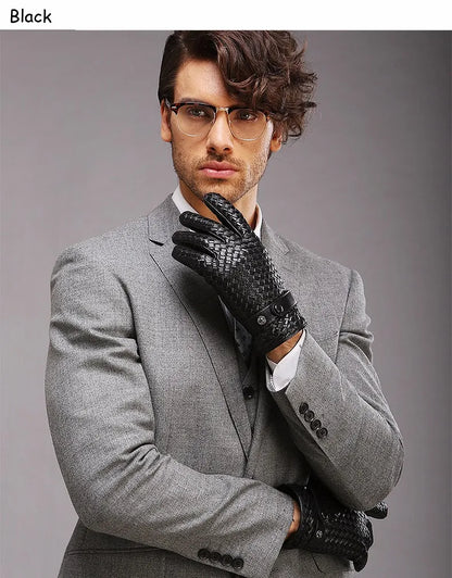 RY025NN 2025 New Spring/Winter Male Real Leather Short Gloves Man Suede Knitted Black/Brown Lambskin Cold Proof Mittens Mex Luva