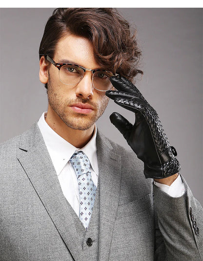 RY025NN 2025 New Spring/Winter Male Real Leather Short Gloves Man Suede Knitted Black/Brown Lambskin Cold Proof Mittens Mex Luva